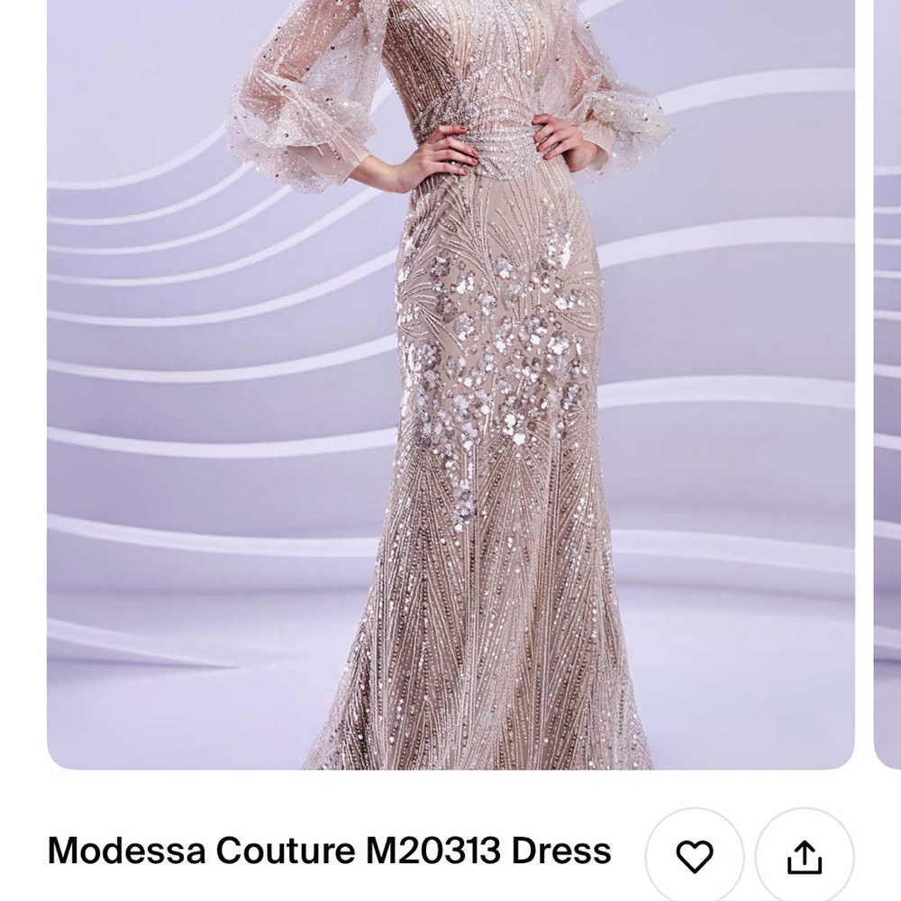 Cream and Silver Embellished Gown with 3/4 Bishop Sleeves
